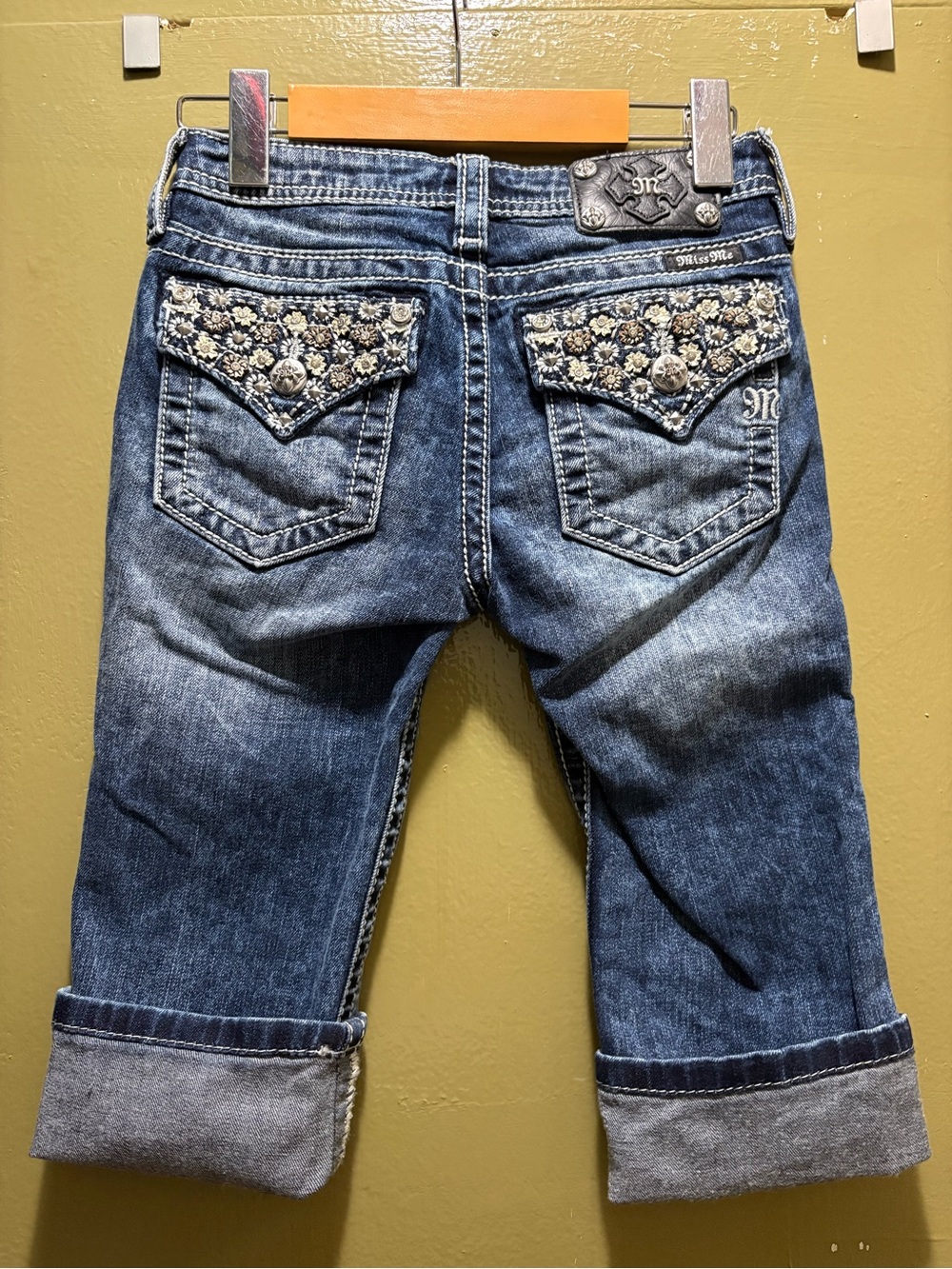 Miss Me Denim Capris with Embellished Floral Pockets
